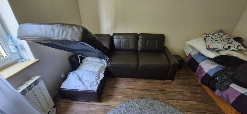 Sofa/kanapa, rozkładana, skórzana, brązowa, narożnik (pojemnik na pośc