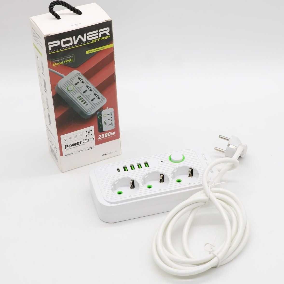 Удлинитель Сетевой фильтр 2500Вт, 2м, (3×220В + 4×USB + 1×Type-C)