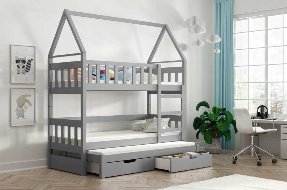 Łóżko piętrowe DOMEK dziecięce 3 osobowe, materace 160x75/180x75