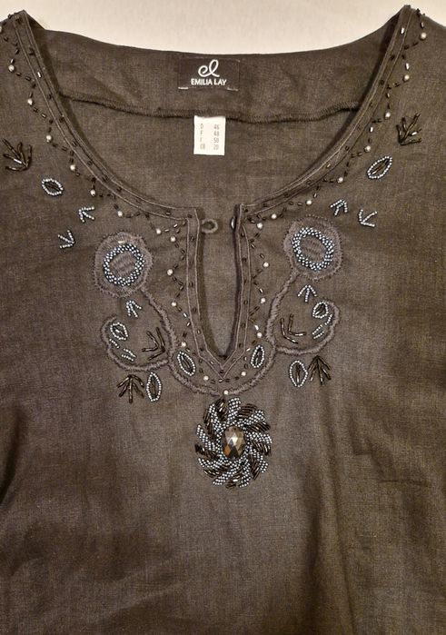 TUNIKA z lnu 100 % indyjska  XXL luźna czarna koraliki haft jak nowa