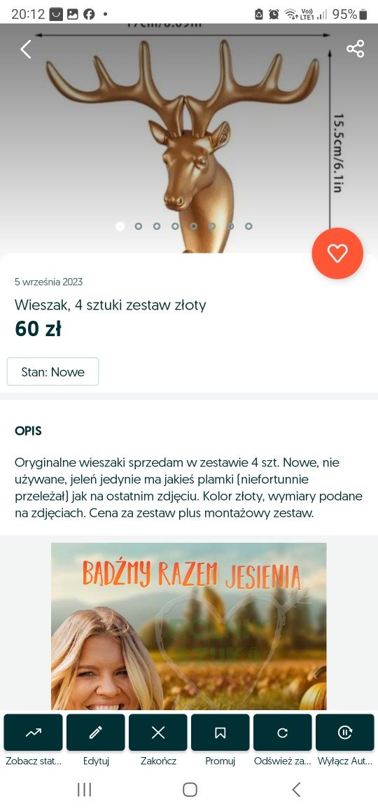 Wieszaki 4 szt zestaw złoty kolor