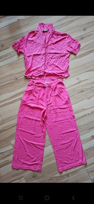 Komplet letni lniany spodnie wide leg fuksja boho Stradivarius M 38