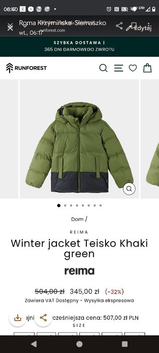 Kurtka zimowa Reima rozmiar 134 kolor zielony/khaki