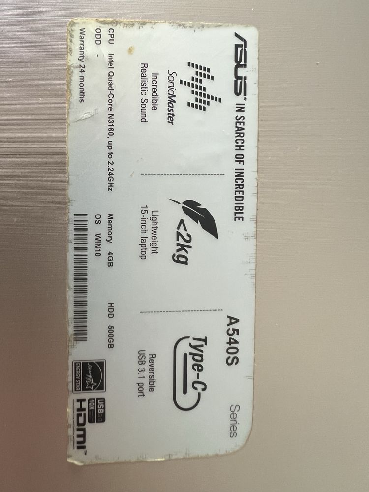 Portatil Asus A540S - 15,6”- 4GB RAM - 500GB HDD