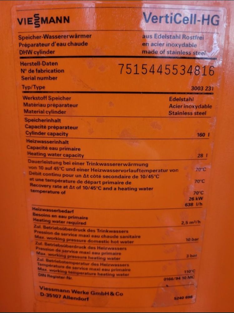 Bojler Nierdzewny Viessmann 160l. Zasobnik Dwupłaszczowy