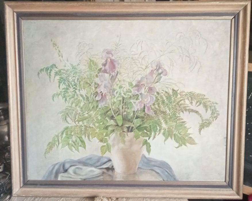 Stary olbrzymi Obraz olejny Kwiaty wazonie Sygnowany lata 1910-50 XXw.