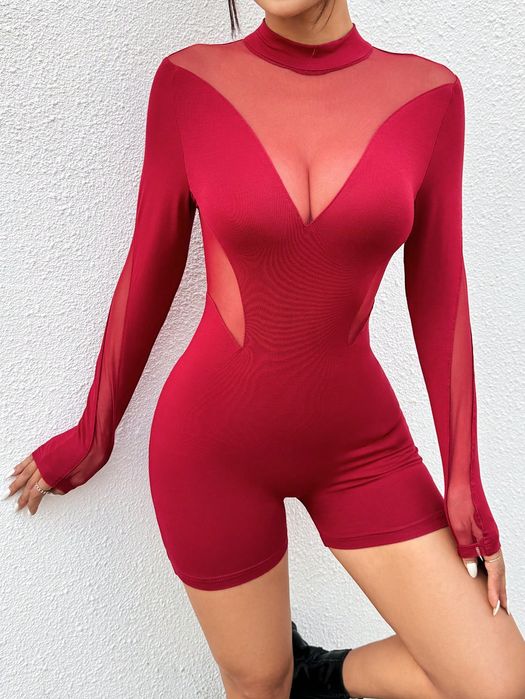 Kombinezon Sexy Romper Transparentny Ze Stójką Czerwony Shein Petite S