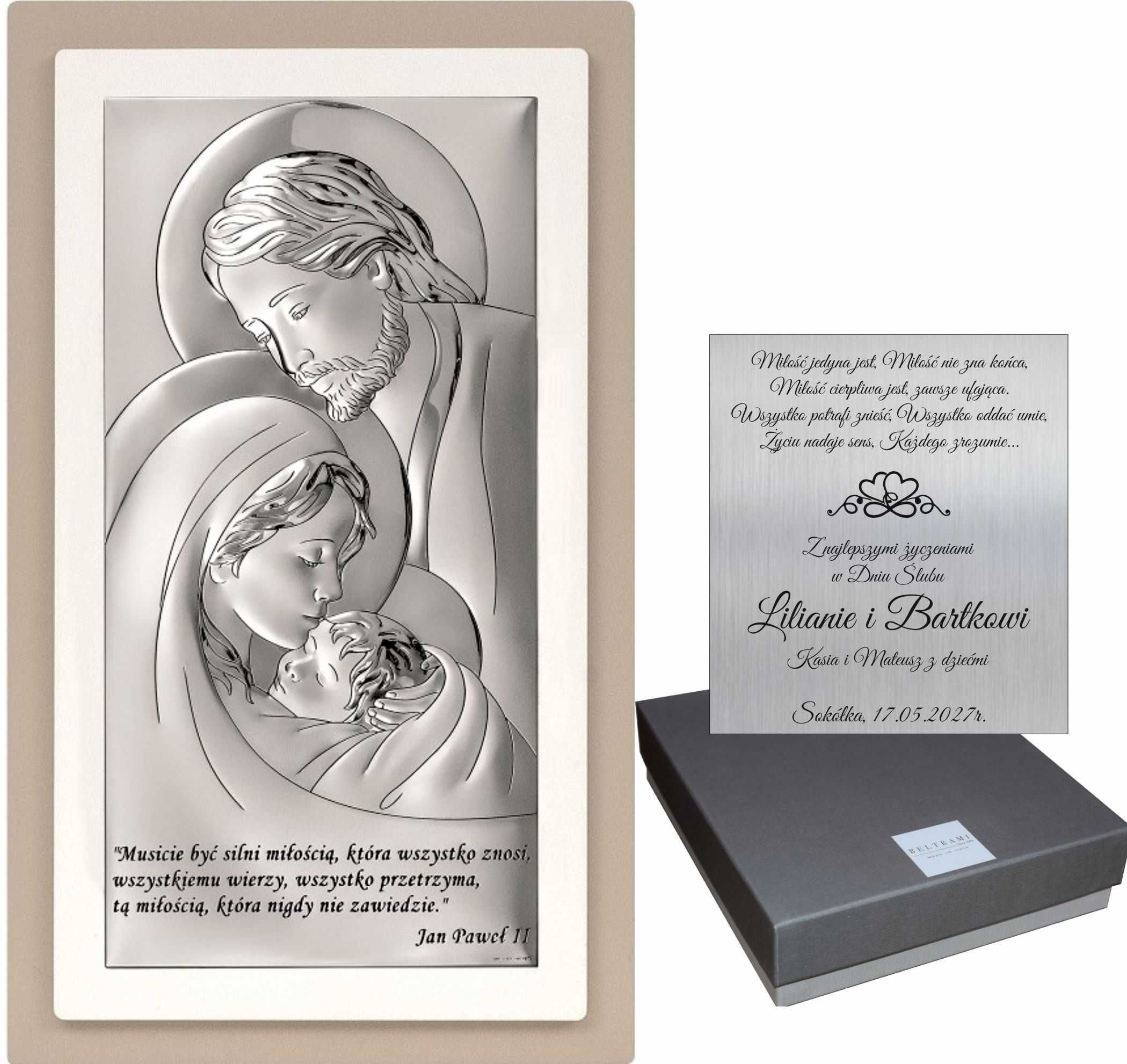 Srebrny Obrazek Grawer Święta Rodzina Jan Paweł II Papież Ślub Chrzest