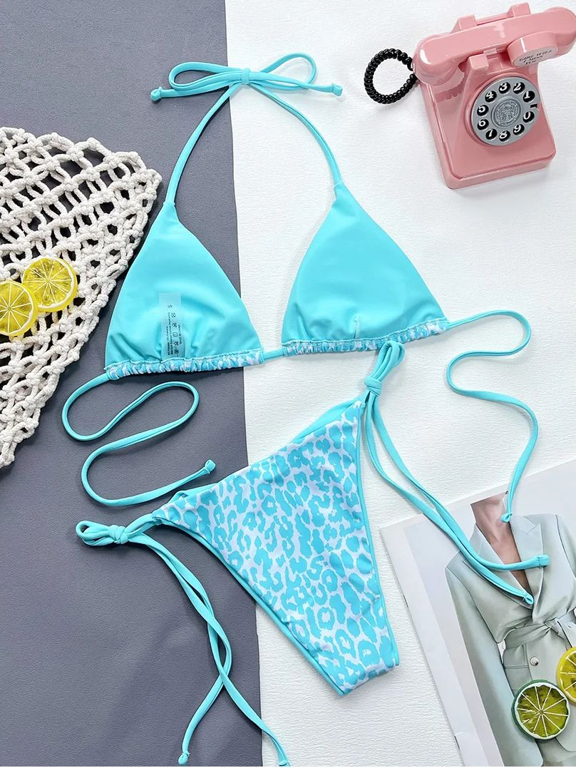 Strój Kąpielowy BIKINI Stringi SEXY Neon Wiązane Panterka - M
