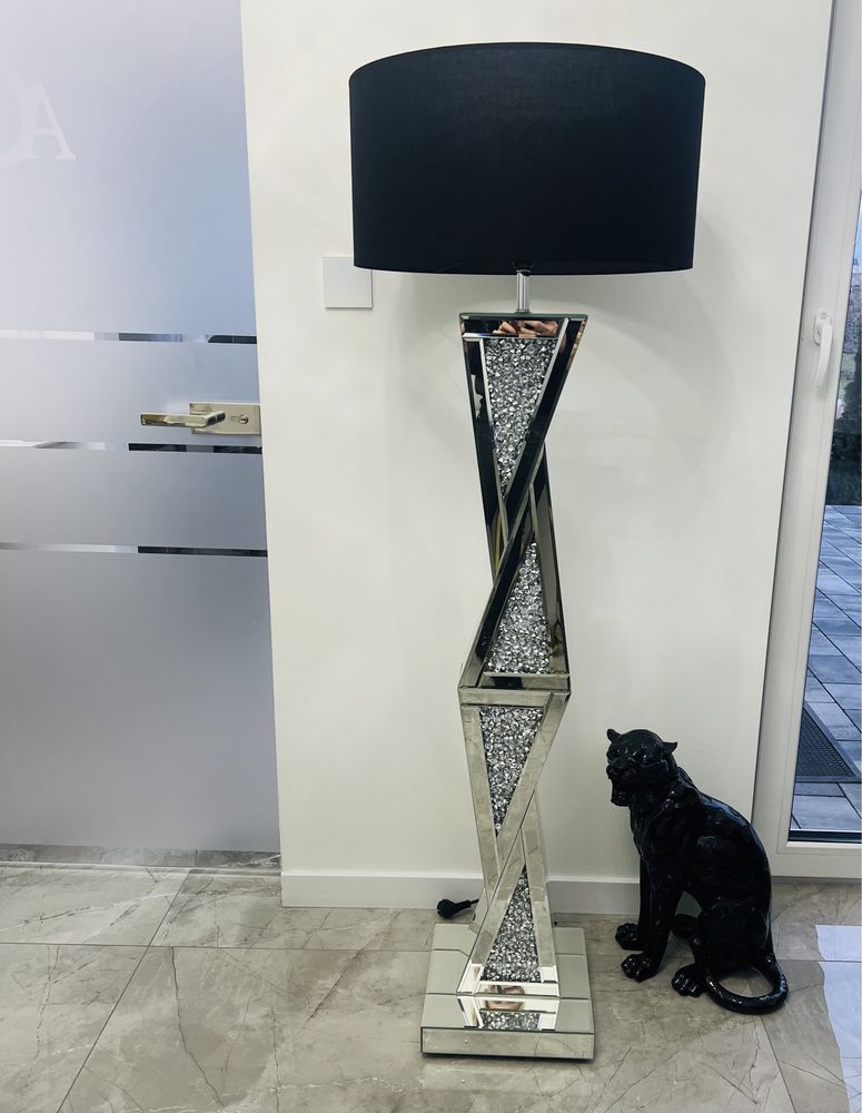 Lampa podłogowa lustrzana z kryształkami Glamour stojąca czarna biała