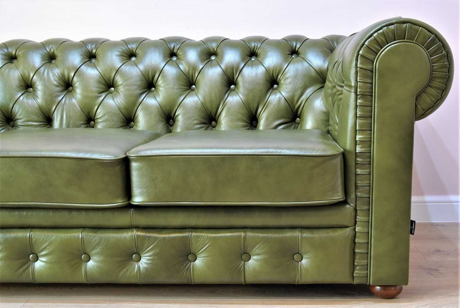 Sofa pikowana chesterfield 3 os. skóra naturalna