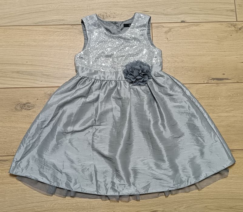 George 110 116 sukienka odświętna cekiny szara dla dziewczynki kwiat