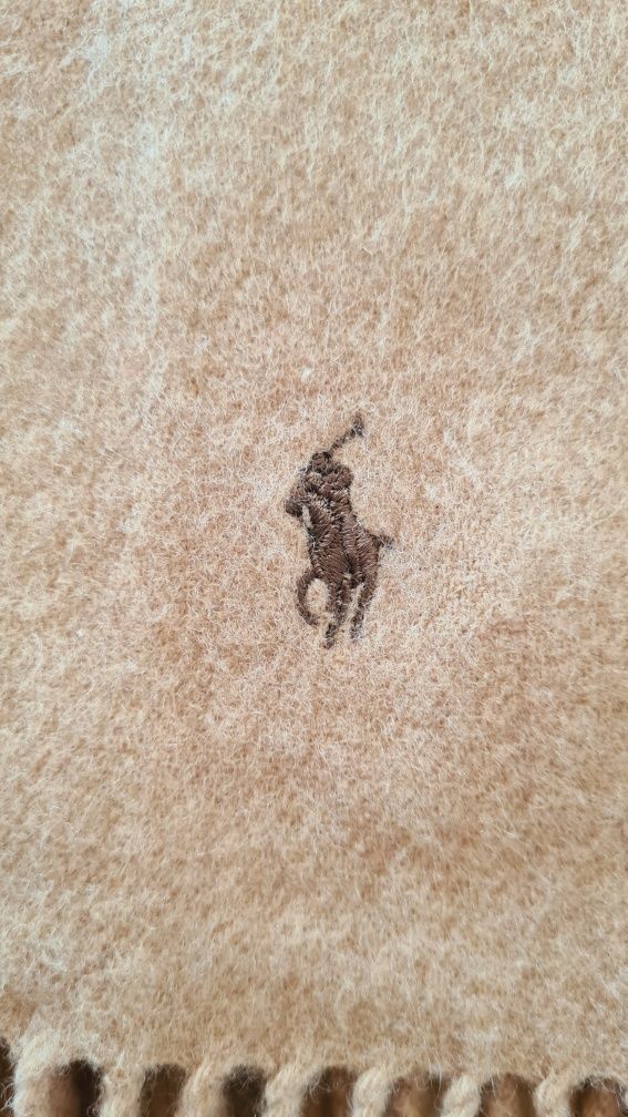 Szalik Polo Ralph Lauren. Beżowy Kremowy Camel. 100% Lambswool Wełna.