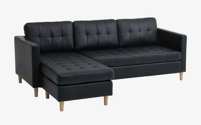 sofá com chaise-longue, pele sintética preta, modelo único, como novo