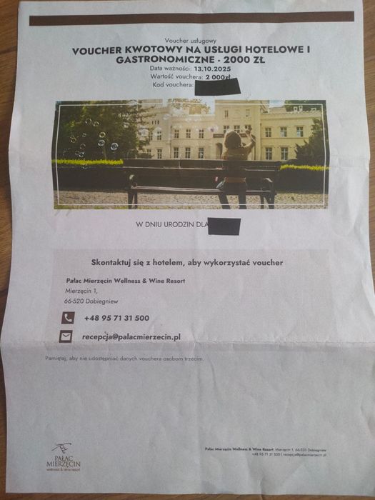 Sprzedam Voucher do Pałacu Mierzęcin na kwotę 2000 zł do 30.11.2025r.