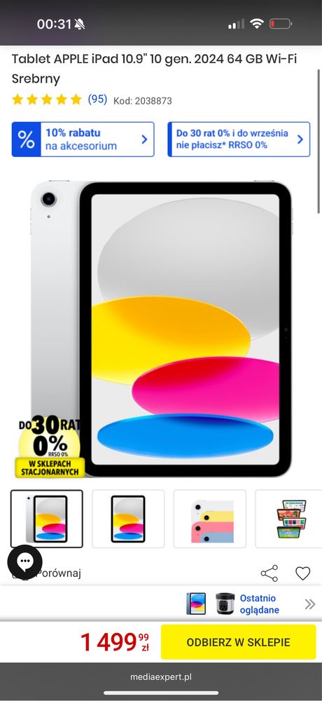 iPad 10gen 64GB srebrny