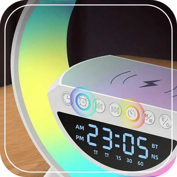 LAMPKA LED NOCNA RGB GŁOŚNIK ładowarka indukcyjna zegar radio budzik