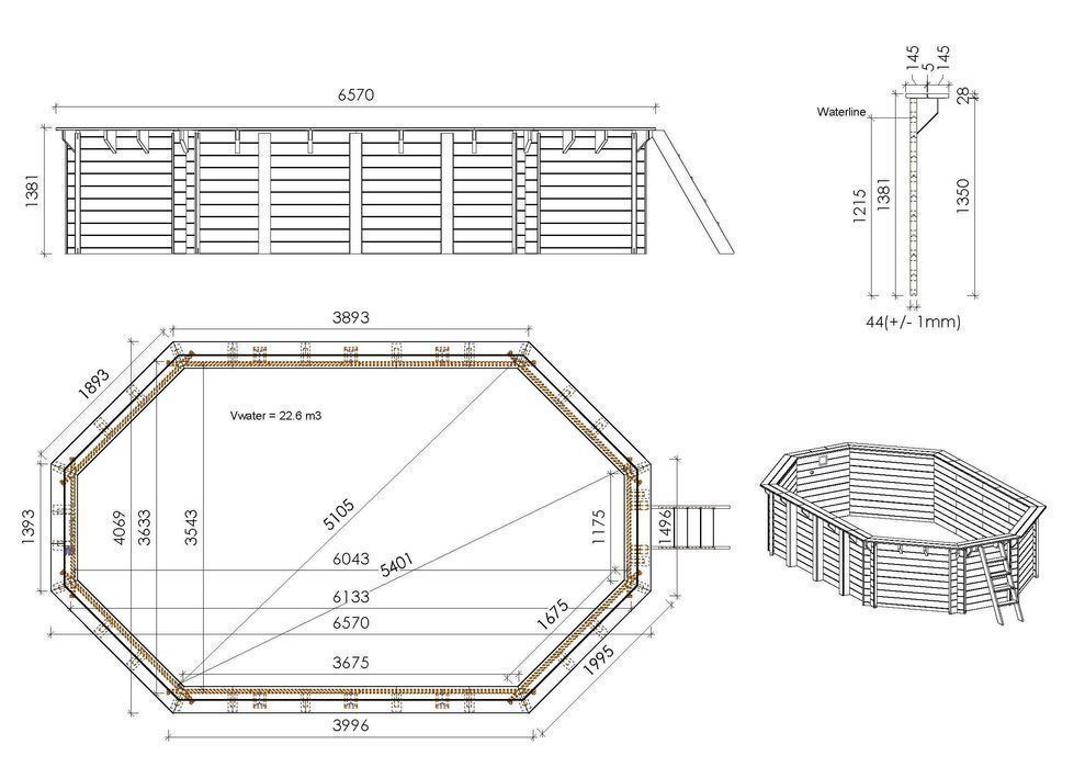 Basen ogrodowy drewniany 6,57m x 4m x H.1,37m BAS792OSP+SZA6