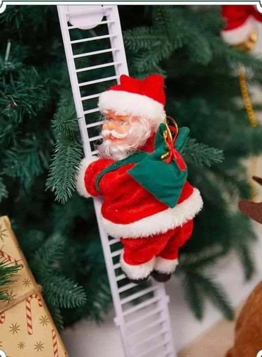 Новорічна іграшка музичний Санта на драбині , на мотузці, з парашутом