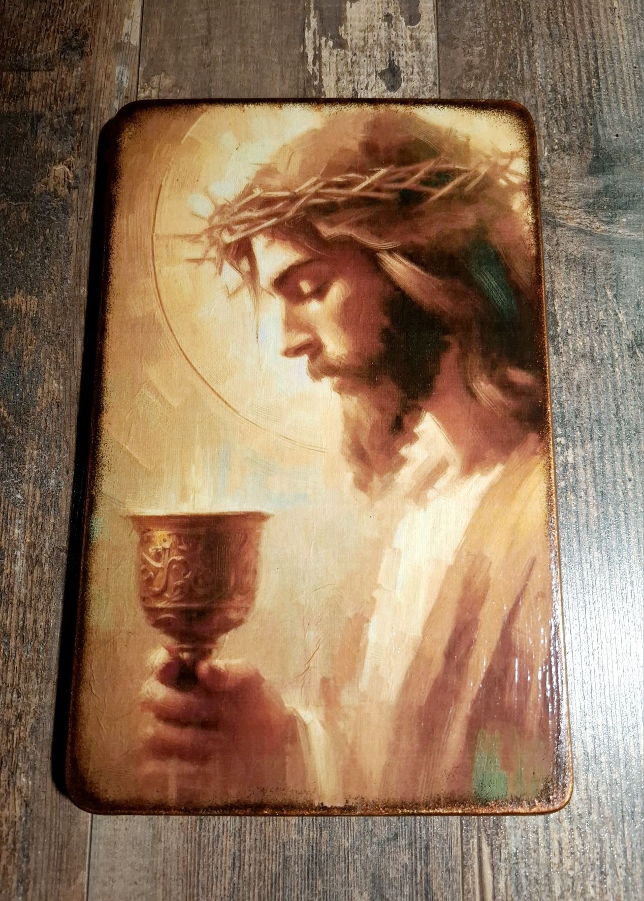 Obraz na drewnie ręcznie zdobiony, prezent, Pan Jezus, rękodzieło