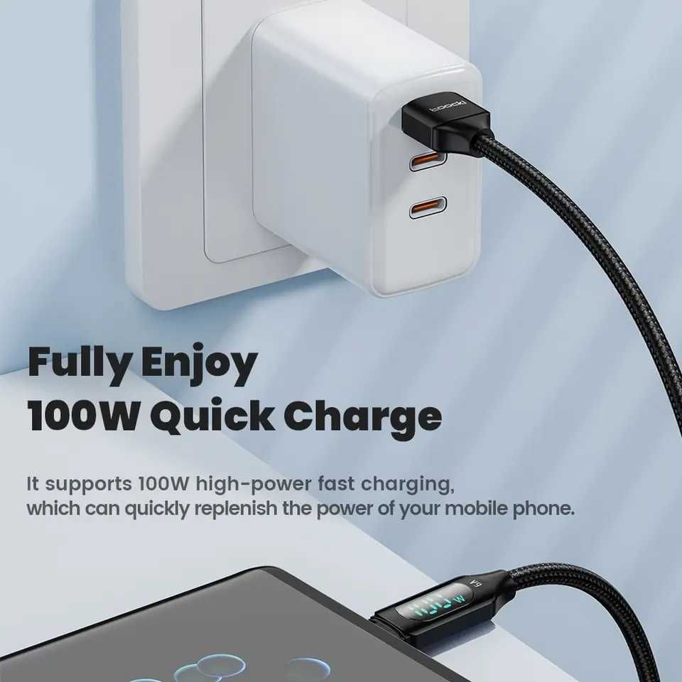 Kabel Ładowania 2m USB-C USB-A 100W LED - Toocki Przewód Oplot Czarny