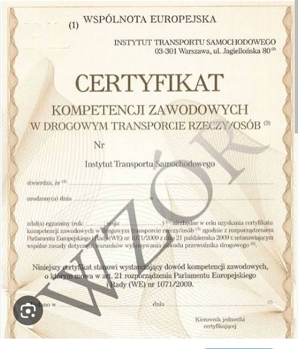Certyfikat Kompetencji Zawodowych w Transporcie Rzeczy Licencja
