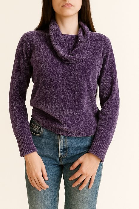 Fioletowy sweter damski z golfem szenilowy