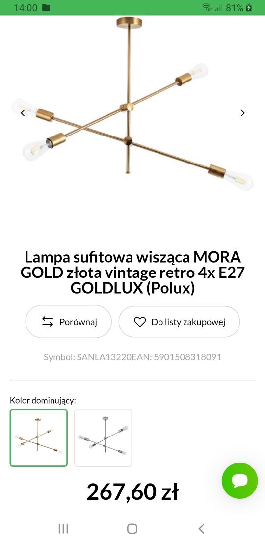 Lampa Mora Vintage Złota