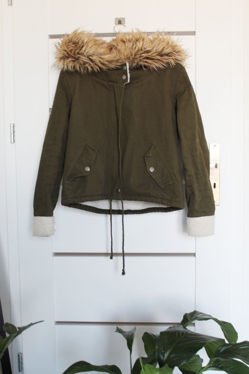 SHEIN kurtka zimowa parka zielona khaki miś futro ocieplana kaptur