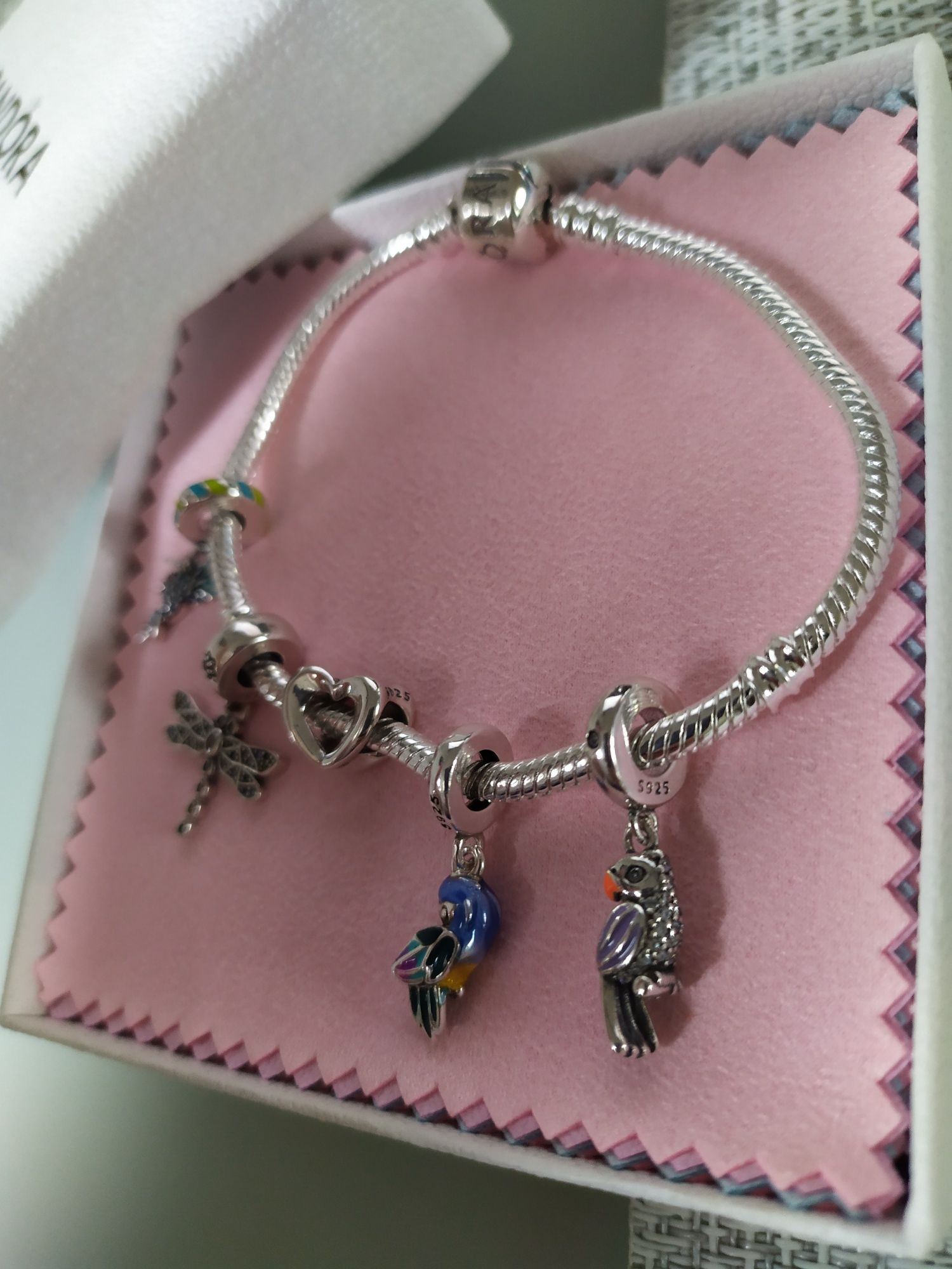 Charms zawieszka do Pandora NOWY S925 ważka papuga serce