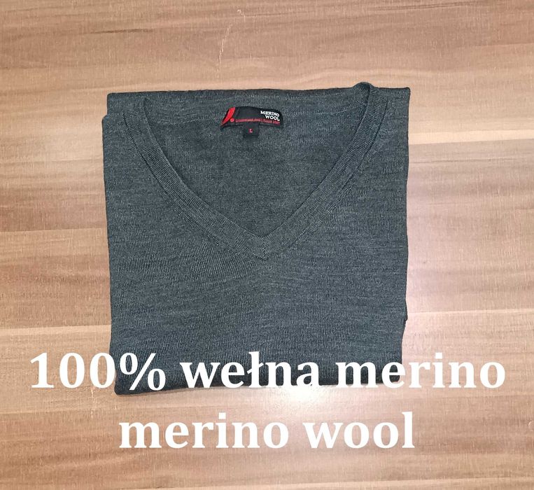 Sweter męski w serek z wełny z merynosa Merino Wool L szary
