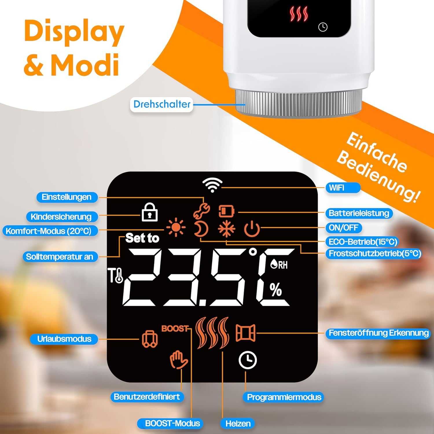 Głowica termostatyczna grzejnika kaloryfera LCD SMART APP M30*1,5 mm
