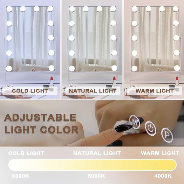 Nowe lustro Hollywood do makijażu,obrotowe 12 lamp LED, dotyk 30x41 cm