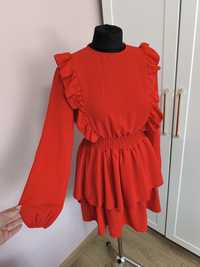 Czerwona sukienka koktajlowa z falbankami r. uniwersalny
