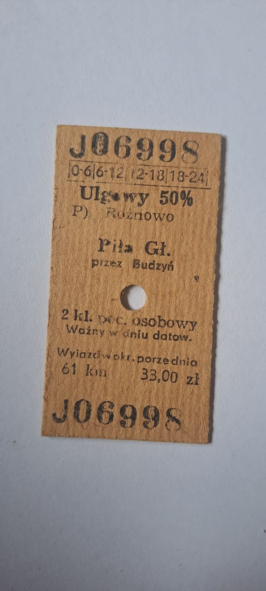 Bilet kartonikowy kolejowy PKP Rożnowo - Piła / Budzyń