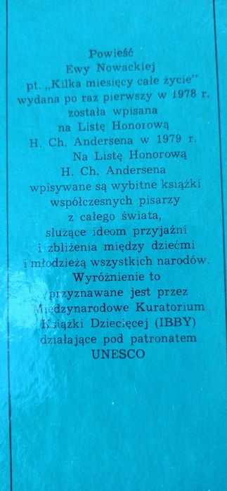 Lista honorowa J.Ch.Andersena "Kilka miesięcy całe życie" Ewa Nowacka