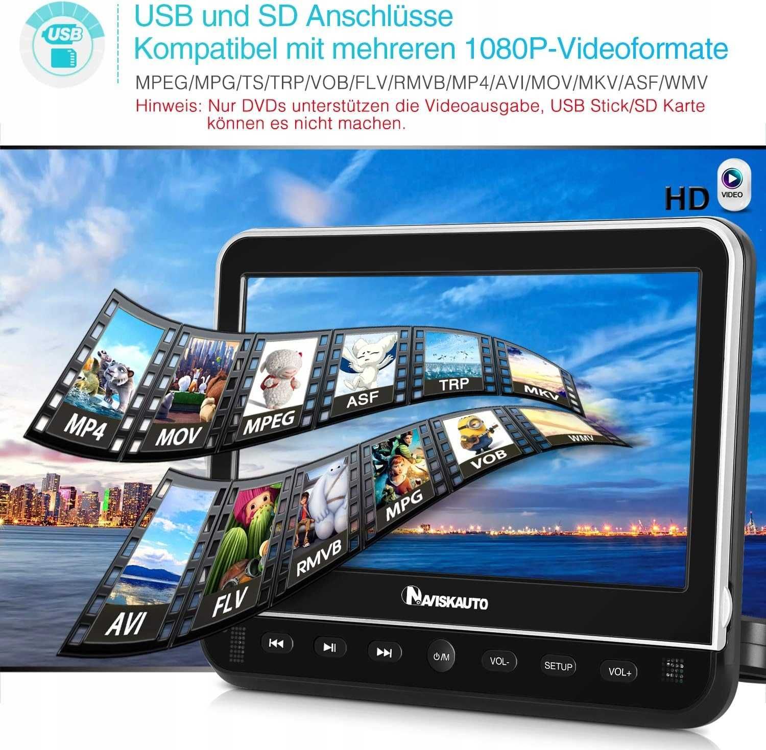 NAVISKAUTO 10,1" odtwarzacz DVD Auto HDMI wejście HD 1080P BR1012B
