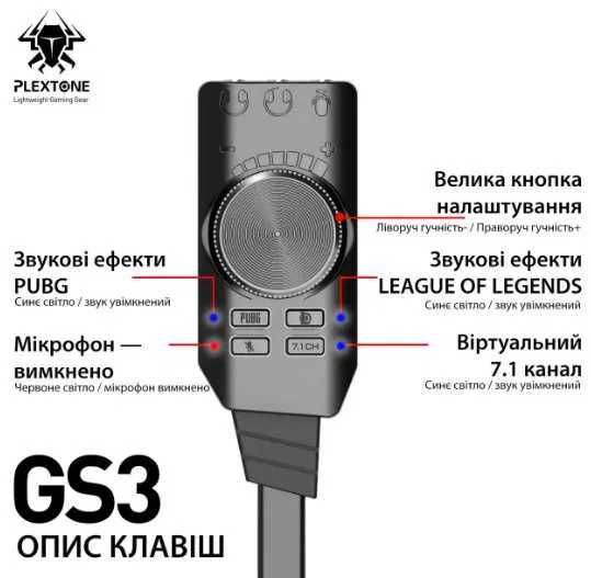 Зовнішня звукова карта Plextone GS3 Mark2 USB 7.1 Channel адаптер