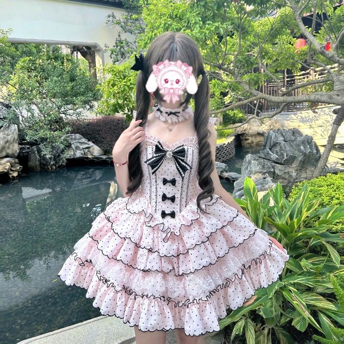 Różowo Czarna sukienka w stylu lolita z kokardkami rozmiar S