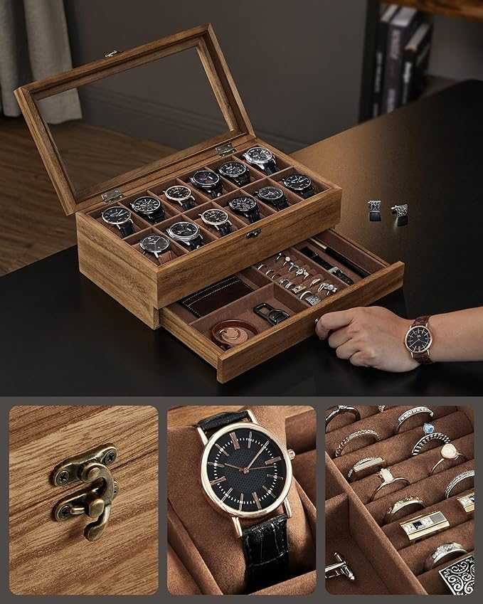 Pudełko na zegarki z 12 otworami, drewniany organizer na zegarki