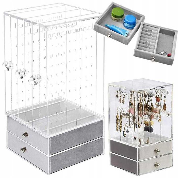 Szkatułka organizer ekspozytor z ZAMSZEM pojemna solidna z szufladkami