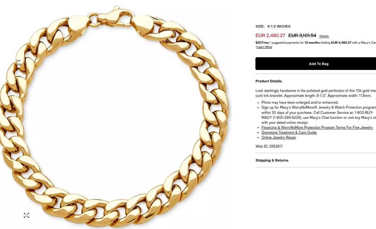 Pulseira masculina de ouro da Macy's