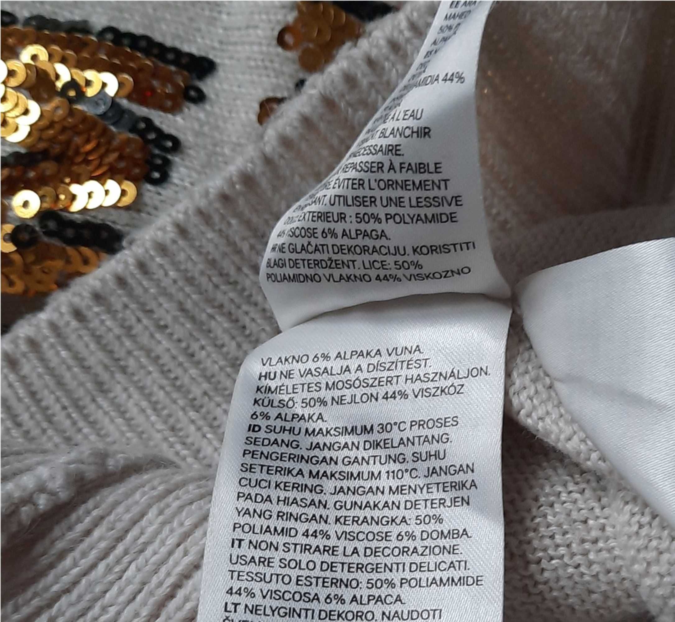 6% Alpaca 44% Wiskoza kremowy H&M sweter cekiny musztardowy złoty L XL