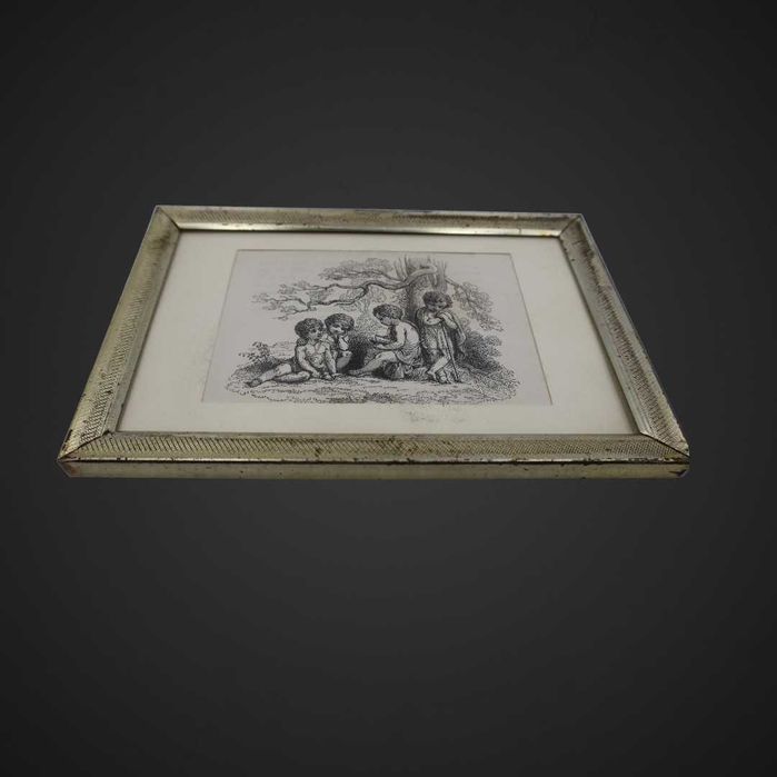 Stara Grafika w metalowej ramce – putta pod drzewem b51/100658