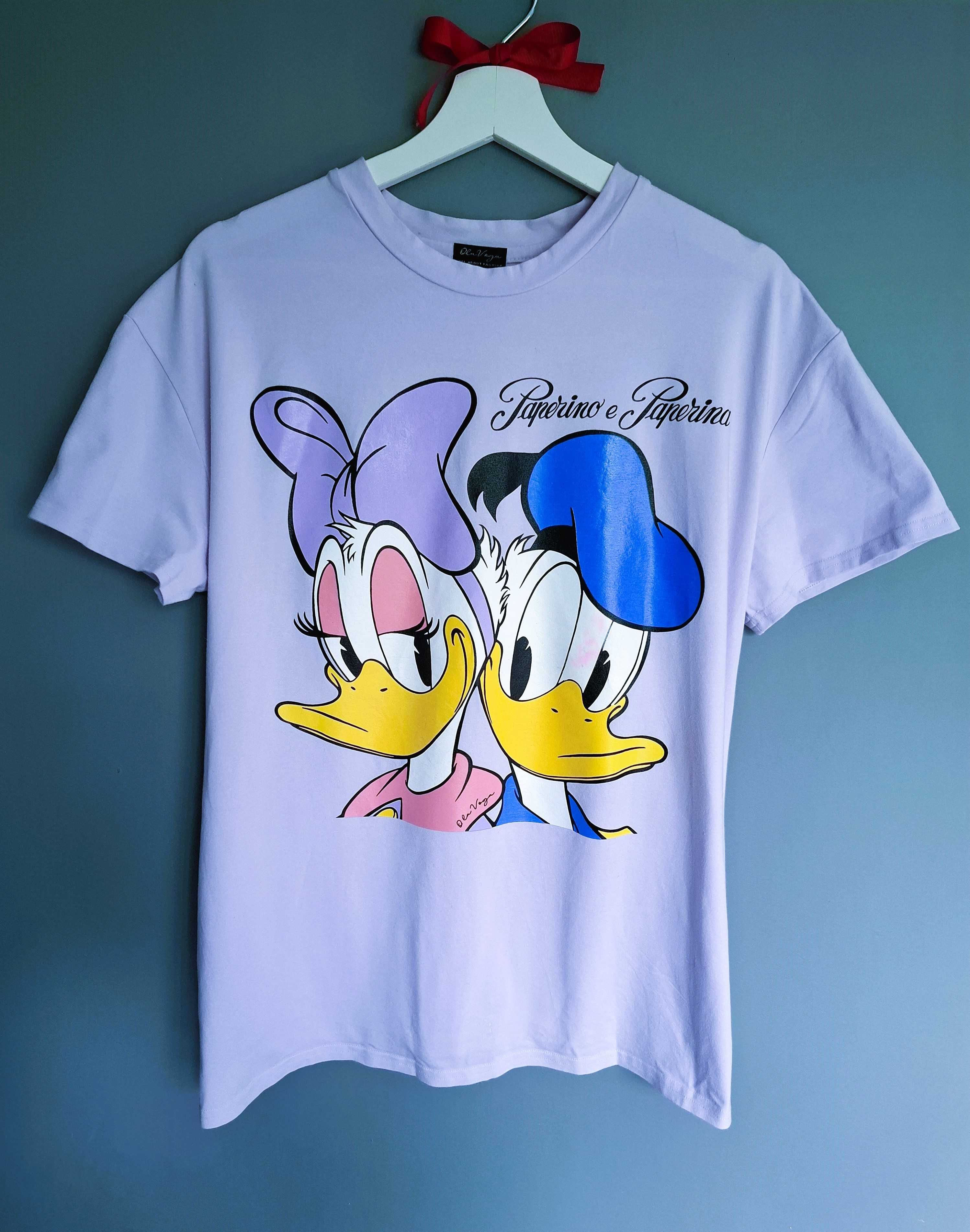 O'la Voga liliowy t-shirt duży nadruk kaczor donald