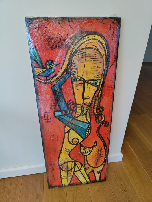 Galeria MARUCII, obraz ręcznie malowany na drewnie, kobieta z kotem