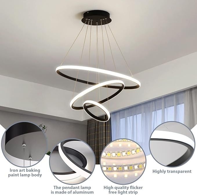 KSIBNW Lampa wisząca LED, 3 pierścienie, nowoczesna, Czarna