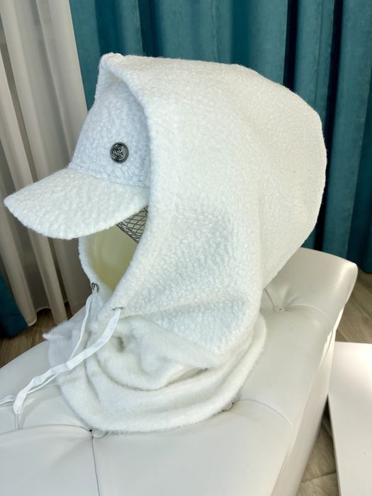 Женский капор на флисе+кепка тедди черный,молоко Жіночий капор+кепка