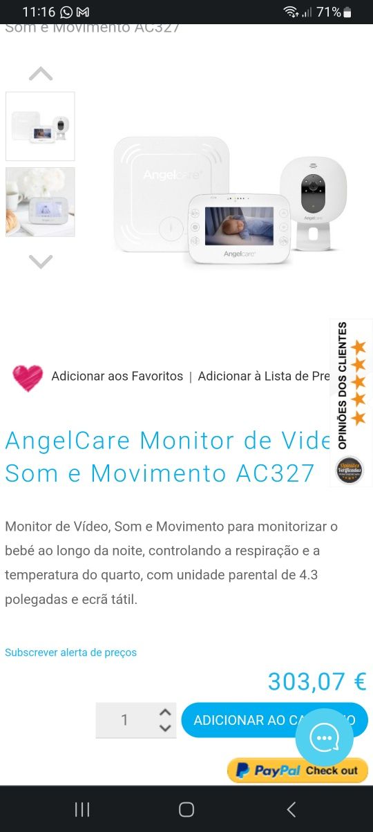 Monitor, camera, babywatch, detector movimentos Angelcare bebé