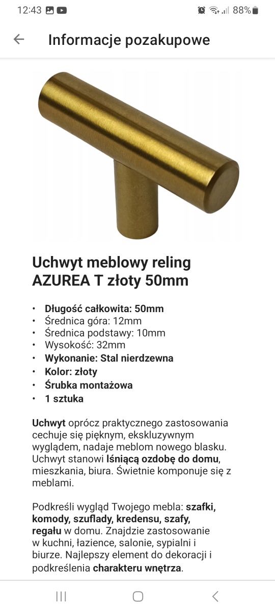 Uchwyty meblowe złote